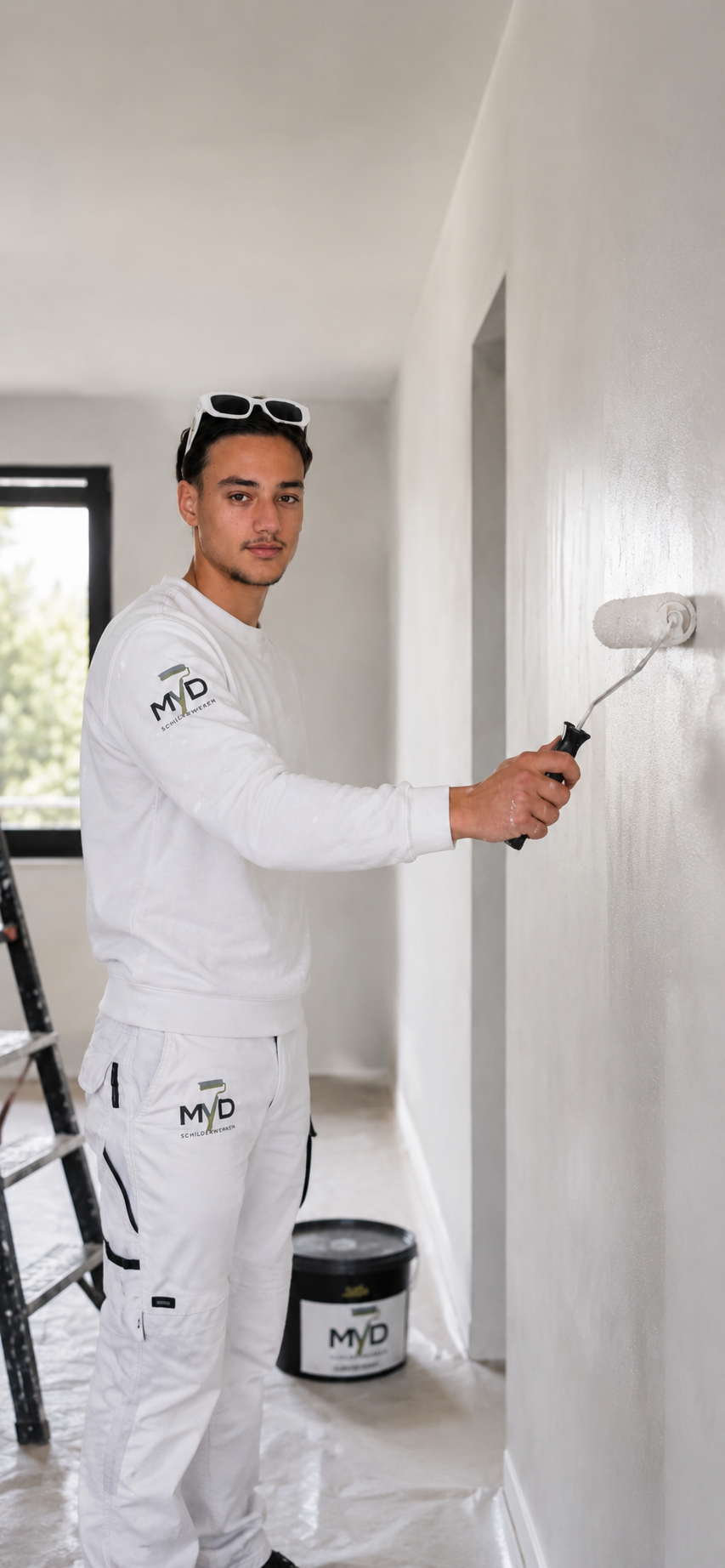 Schilder van MvD Schilderwerken werkt in bedrijfskleding een muur strak af met een verfroller