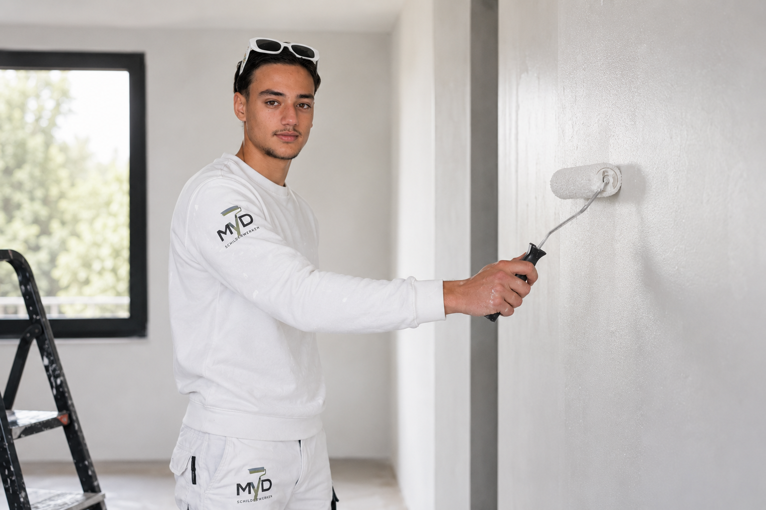 Schilder van MvD Schilderwerken werkt in bedrijfskleding een muur strak af met een verfroller